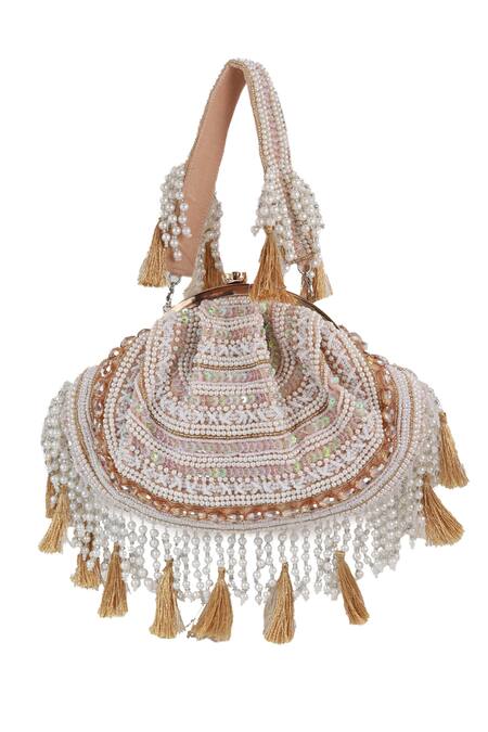 Shop The Tan Clan Beige Beads, Sequins, Pearls, Tassels Nora Half Moon Bag Online at Aza Fashions Shop_The Tan Clan_Beige Beads, Sequins, Pearls, Tassels Nora Half Moon Bag _Online_at_Aza_Fashions