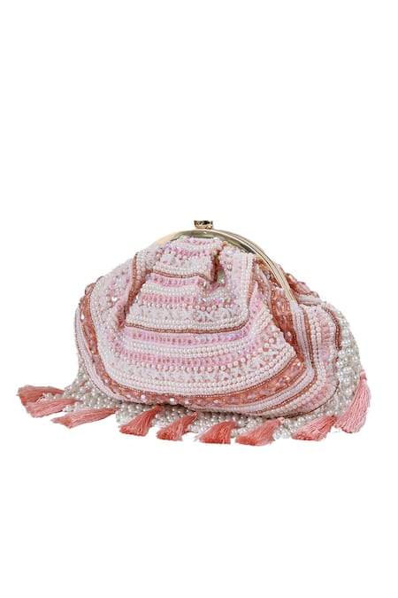 The Tan Clan Pink Beads, Pearls, Sequins, Tassels Nora Half Moon Bag Online at Aza Fashions The Tan Clan_Pink Beads, Pearls, Sequins, Tassels Nora Half Moon Bag _Online_at_Aza_Fashions
