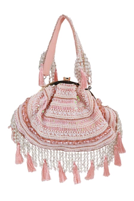 The Tan Clan Pink Beads, Pearls, Sequins, Tassels Nora Half Moon Bag at Aza Fashions The Tan Clan_Pink Beads, Pearls, Sequins, Tassels Nora Half Moon Bag _at_Aza_Fashions