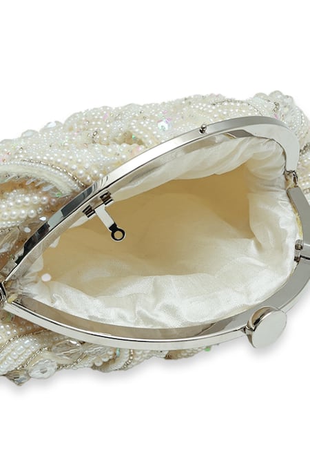 The Tan Clan White Beads, Pearls, Sequins, Tassels, Crystals Nora Half Moon Bag Online at Aza Fashions The Tan Clan_White Beads, Pearls, Sequins, Tassels, Crystals Nora Half Moon Bag _Online_at_Aza_Fashions