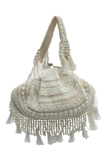 Buy The Tan Clan White Beads, Pearls, Sequins, Tassels, Crystals Nora Half Moon Bag Online at Aza Fashions Buy_The Tan Clan_White Beads, Pearls, Sequins, Tassels, Crystals Nora Half Moon Bag _Online_at_Aza_Fashions