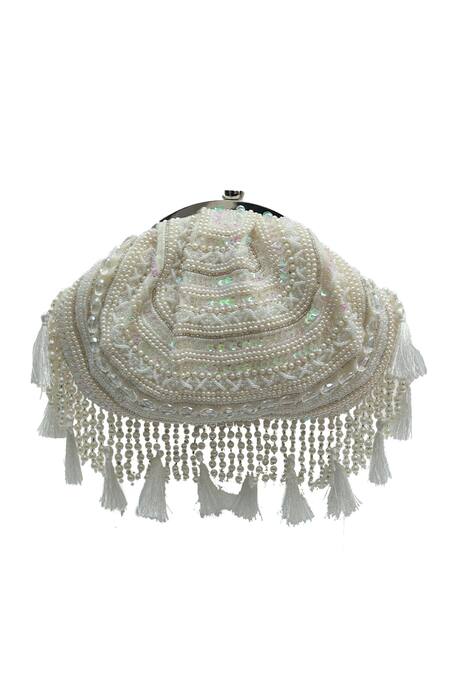 Shop The Tan Clan White Beads, Pearls, Sequins, Tassels, Crystals Nora Half Moon Bag Online at Aza Fashions Shop_The Tan Clan_White Beads, Pearls, Sequins, Tassels, Crystals Nora Half Moon Bag _Online_at_Aza_Fashions