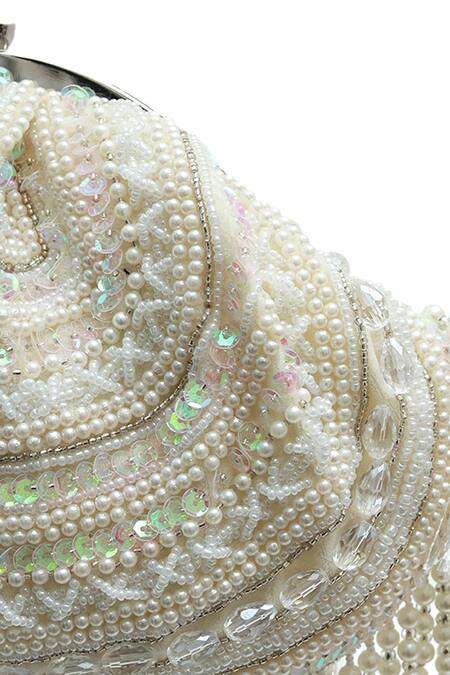 Buy The Tan Clan White Beads, Pearls, Sequins, Tassels, Crystals Nora Half Moon Bag Buy_The Tan Clan_White Beads, Pearls, Sequins, Tassels, Crystals Nora Half Moon Bag