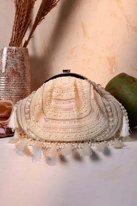 Shop_The Tan Clan_White Beads, Pearls, Sequins, Tassels, Crystals Nora Half Moon Bag _at_Aza_Fashions