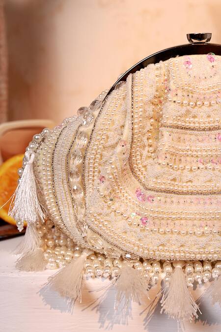 Shop The Tan Clan White Beads, Pearls, Sequins, Tassels, Crystals Nora Half Moon Bag Shop_The Tan Clan_White Beads, Pearls, Sequins, Tassels, Crystals Nora Half Moon Bag