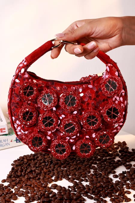 The Tan Clan Red Sequins, Mirrors Kim Half Moon Bag 