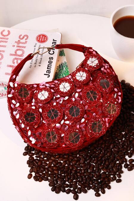 Shop_The Tan Clan_Red Sequins, Mirrors Kim Half Moon Bag _Online_at_Aza_Fashions