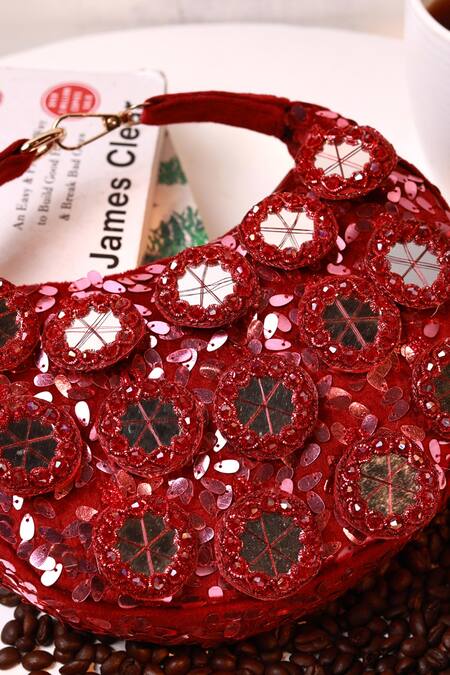 Buy_The Tan Clan_Red Sequins, Mirrors Kim Half Moon Bag 
