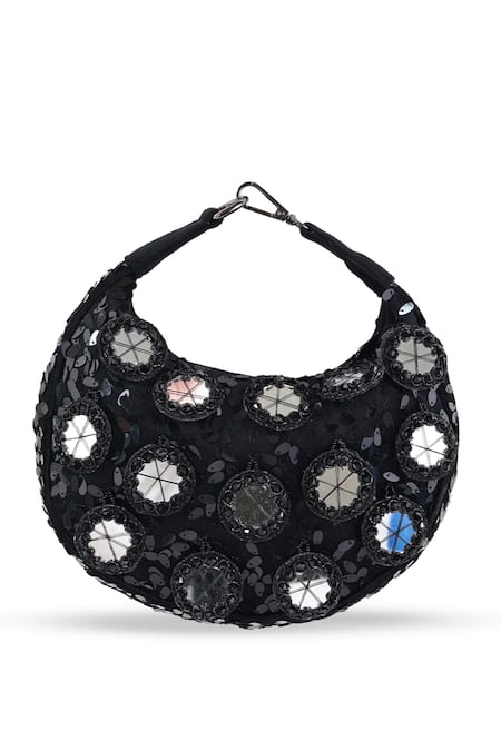 Shop The Tan Clan Black Sequins, Mirrors Kim Half Moon Bag at Aza Fashions Shop_The Tan Clan_Black Sequins, Mirrors Kim Half Moon Bag _at_Aza_Fashions