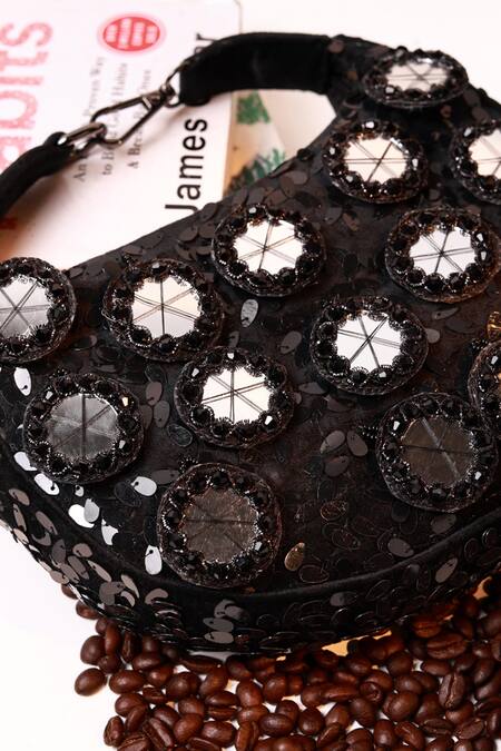 Shop_The Tan Clan_Black Sequins, Mirrors Kim Half Moon Bag _Online_at_Aza_Fashions