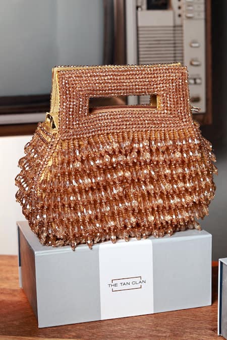 The Tan Clan Gold Beads, Pearls Cindy Box Clutch 