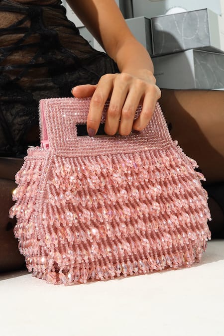 The Tan Clan Pink Beads, Pearls Cindy Box Clutch 