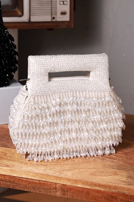 The Tan Clan White Beads, Pearls Cindy Box Clutch 