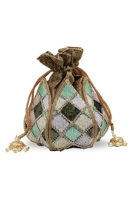 The Tan Clan_Gold Sequins, Beads, Pearls, Stones Ketki Lotus Potli With Handle _Online_at_Aza_Fashions