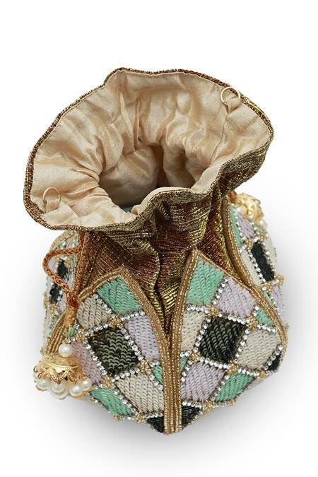 Buy_The Tan Clan_Gold Sequins, Beads, Pearls, Stones Ketki Lotus Potli With Handle _Online_at_Aza_Fashions