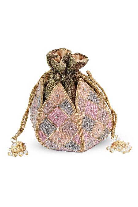 The Tan Clan_Multi Color Beads, Pearls, Stones, Tassels Juhi Lotus Potli With Handle _Online_at_Aza_Fashions
