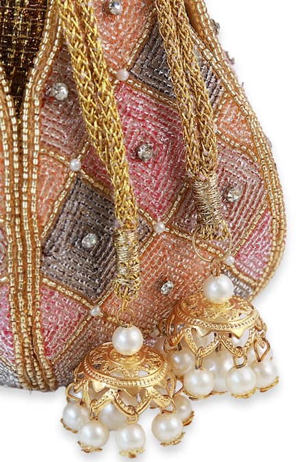 The Tan Clan_Multi Color Beads, Pearls, Stones, Tassels Juhi Lotus Potli With Handle _at_Aza_Fashions