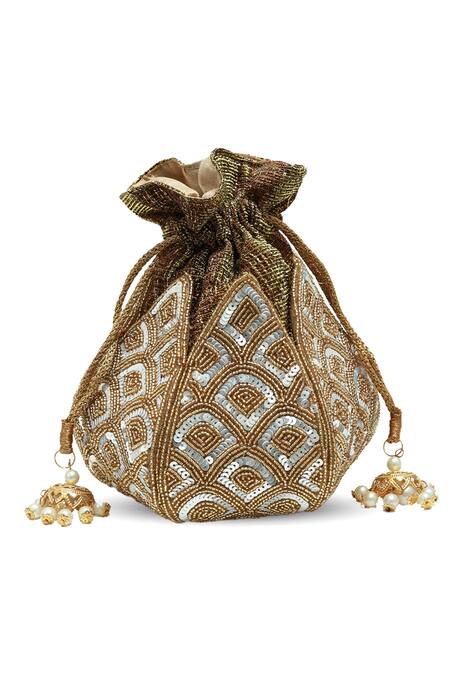 The Tan Clan_Gold Sequins, Beads, Pearls, Tassels Yana Lotus Potli With Handle _Online_at_Aza_Fashions