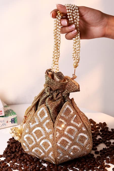 The Tan Clan Gold Sequins, Beads, Pearls, Tassels Yana Lotus Potli With Handle 