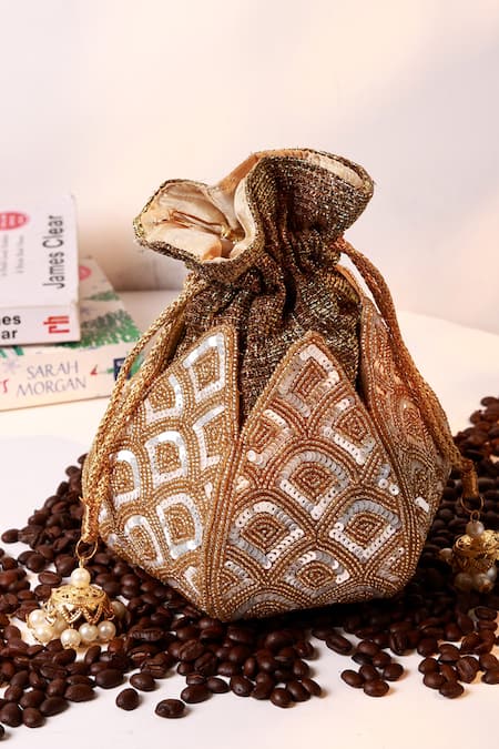 Shop_The Tan Clan_Gold Sequins, Beads, Pearls, Tassels Yana Lotus Potli With Handle _at_Aza_Fashions