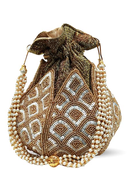 Buy_The Tan Clan_Gold Sequins, Beads, Pearls, Tassels Yana Lotus Potli With Handle _Online_at_Aza_Fashions