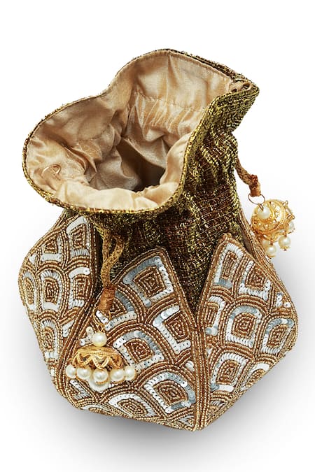Shop_The Tan Clan_Gold Sequins, Beads, Pearls, Tassels Yana Lotus Potli With Handle _Online_at_Aza_Fashions