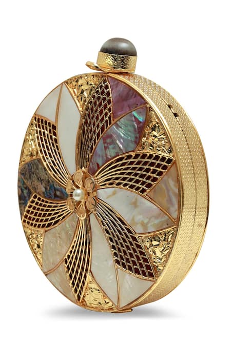 Buy_The Tan Clan_Gold Gemstones, Pearls Lisa Brass Clutch _Online_at_Aza_Fashions