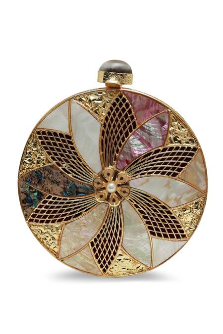 Shop_The Tan Clan_Gold Gemstones, Pearls Lisa Brass Clutch _Online_at_Aza_Fashions