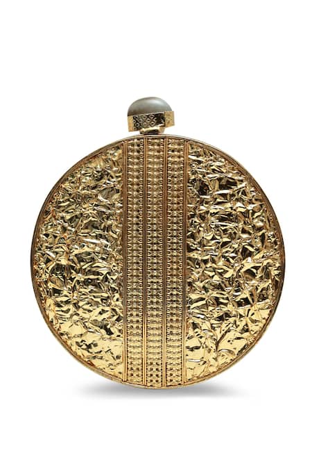 The Tan Clan_Gold Gemstones, Pearls Lisa Brass Clutch _at_Aza_Fashions