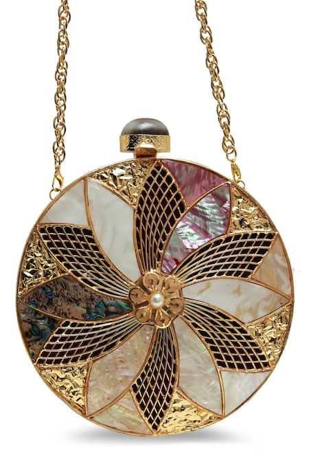 Buy_The Tan Clan_Gold Gemstones, Pearls Lisa Brass Clutch 