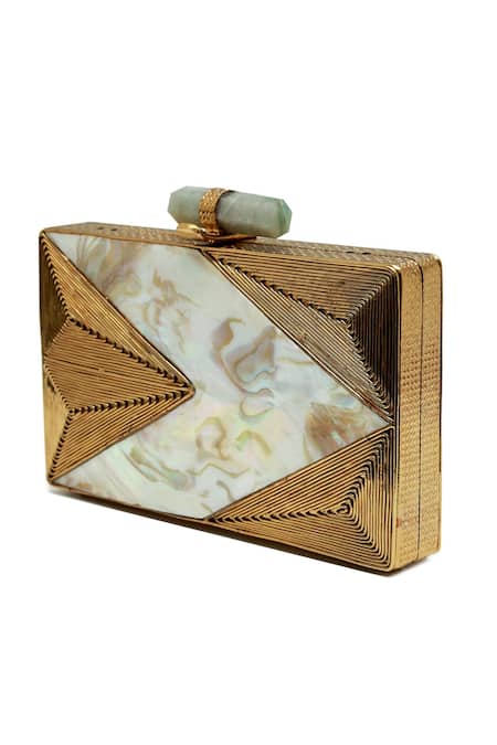 The Tan Clan_Gold Gemstones, Stones, Metallic Thread Krysty Mother Of Pearl Brass Clutch _Online_at_Aza_Fashions