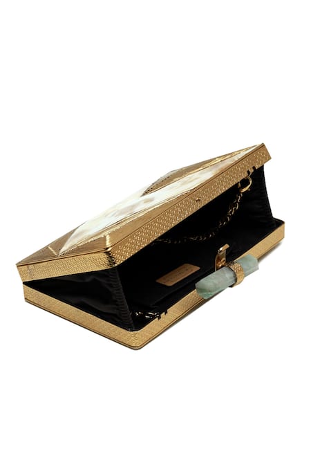Buy_The Tan Clan_Gold Gemstones, Stones, Metallic Thread Krysty Mother Of Pearl Brass Clutch _Online_at_Aza_Fashions