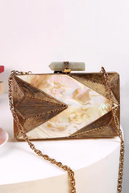 The Tan Clan Gold Gemstones, Stones, Metallic Thread Krysty Mother Of Pearl Brass Clutch 