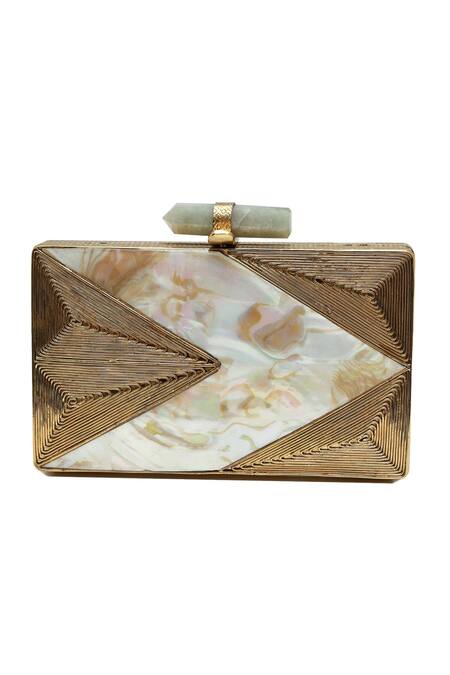 Shop_The Tan Clan_Gold Gemstones, Stones, Metallic Thread Krysty Mother Of Pearl Brass Clutch _Online_at_Aza_Fashions