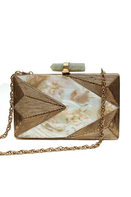 The Tan Clan_Gold Gemstones, Stones, Metallic Thread Krysty Mother Of Pearl Brass Clutch _at_Aza_Fashions