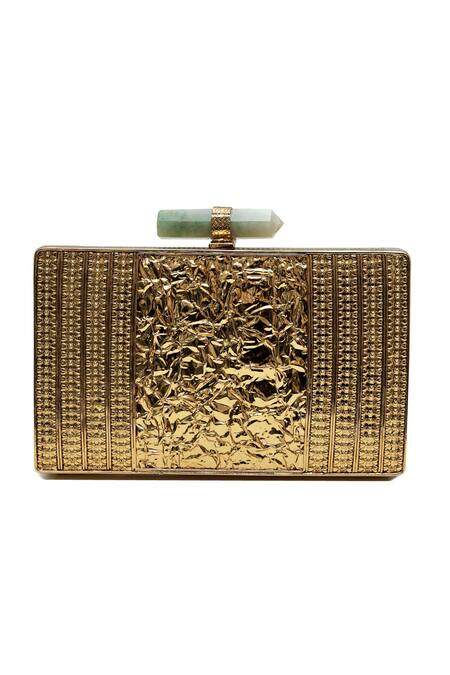 Buy_The Tan Clan_Gold Gemstones, Stones, Metallic Thread Krysty Mother Of Pearl Brass Clutch 
