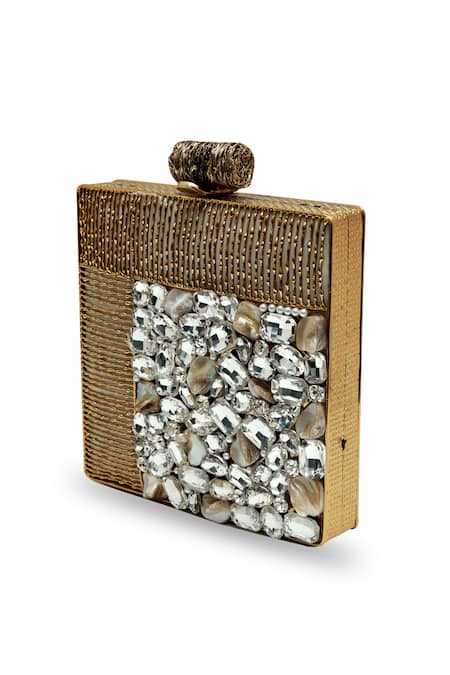 The Tan Clan_Gold Rhinestones, Gemstones, Pearls Sugar Embellished Brass Clutch _Online_at_Aza_Fashions
