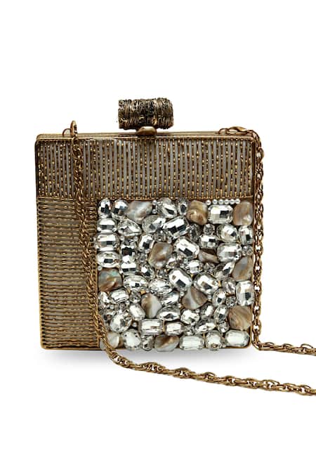 Buy_The Tan Clan_Gold Rhinestones, Gemstones, Pearls Sugar Embellished Brass Clutch _Online_at_Aza_Fashions