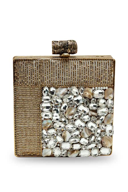 Shop_The Tan Clan_Gold Rhinestones, Gemstones, Pearls Sugar Embellished Brass Clutch _Online_at_Aza_Fashions