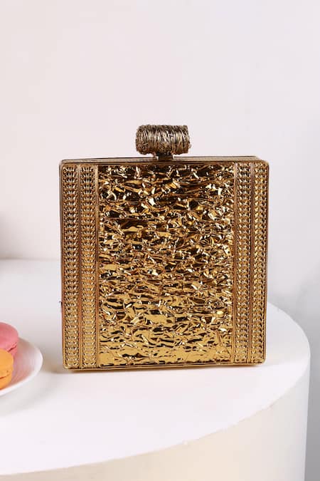 Shop_The Tan Clan_Gold Rhinestones, Gemstones, Pearls Sugar Embellished Brass Clutch _at_Aza_Fashions
