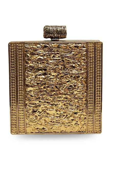 The Tan Clan_Gold Rhinestones, Gemstones, Pearls Sugar Embellished Brass Clutch _at_Aza_Fashions