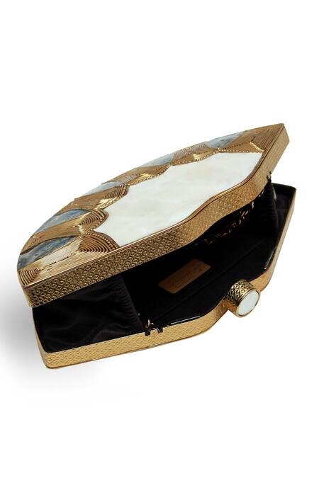 The Tan Clan_Gold Pearls, Gemstones Zuri Mother Of Brass Clutch _Online_at_Aza_Fashions
