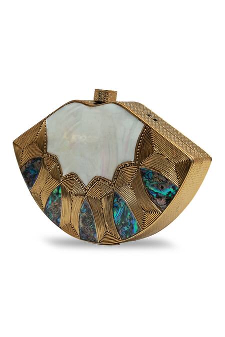 The Tan Clan_Gold Pearls, Gemstones Zuri Mother Of Brass Clutch _at_Aza_Fashions