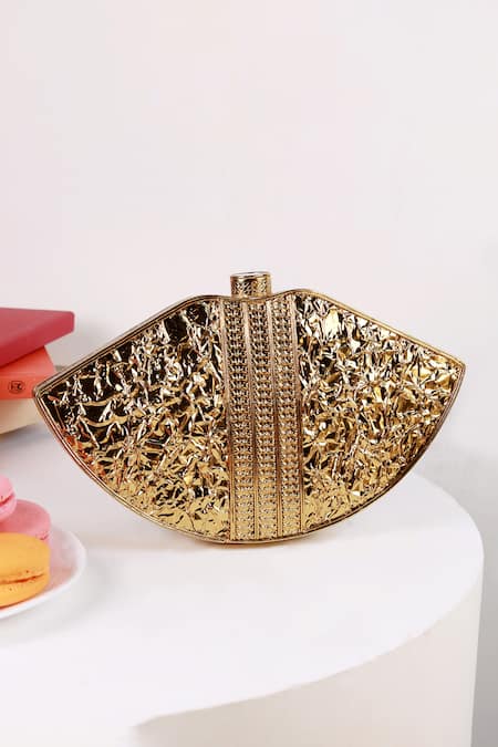 Shop_The Tan Clan_Gold Pearls, Gemstones Zuri Mother Of Brass Clutch _at_Aza_Fashions