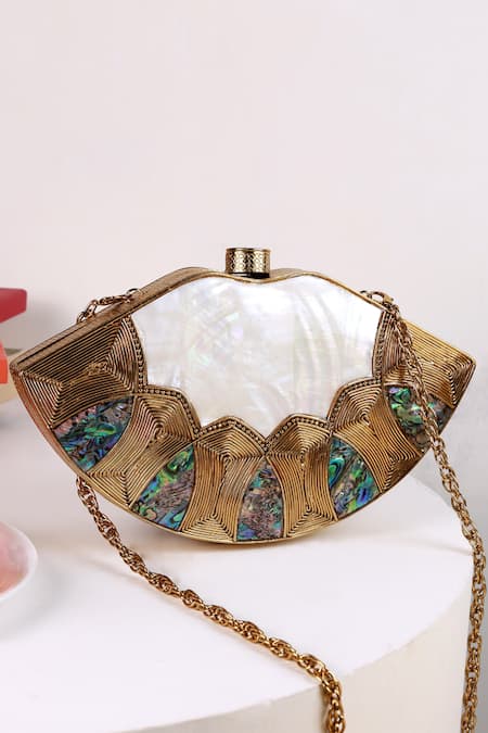 The Tan Clan Gold Pearls, Gemstones Zuri Mother Of Brass Clutch 