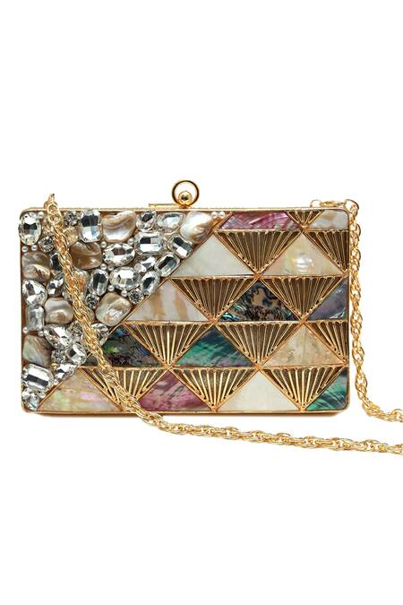 Buy_The Tan Clan_Gold Gemstones, Crystals Rumi Embellished Brass Clutch _Online_at_Aza_Fashions