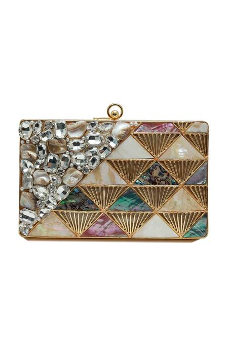 The Tan Clan_Gold Gemstones, Crystals Rumi Embellished Brass Clutch _at_Aza_Fashions