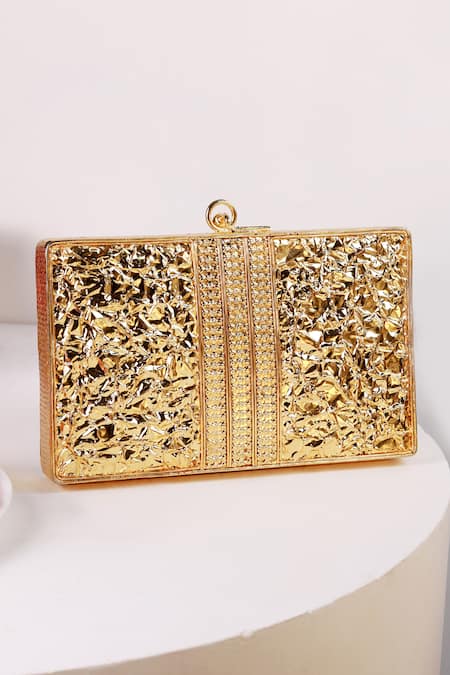 Shop_The Tan Clan_Gold Gemstones, Crystals Rumi Embellished Brass Clutch _at_Aza_Fashions