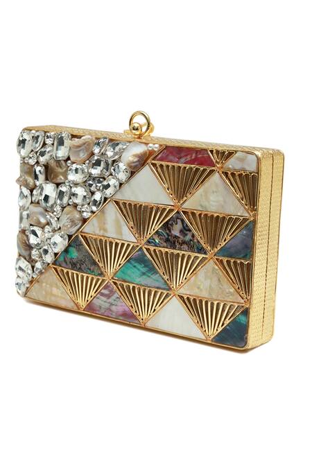 Buy_The Tan Clan_Gold Gemstones, Crystals Rumi Embellished Brass Clutch 