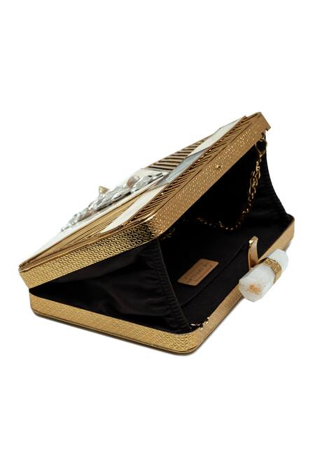 The Tan Clan_Gold Crystals, Gemstones Dina Brass Clutch _Online_at_Aza_Fashions